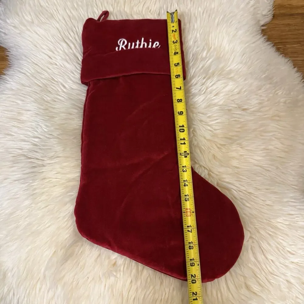 Pottery Barn Kids Red Velvet Christmas Stocking White Embroidered “Ruthie”